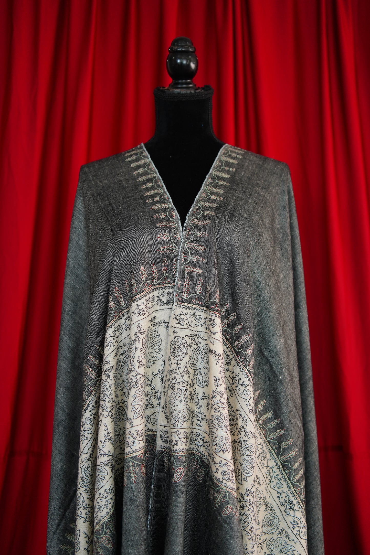 charcoal black and white GI embroidery pashmina shawl 0080