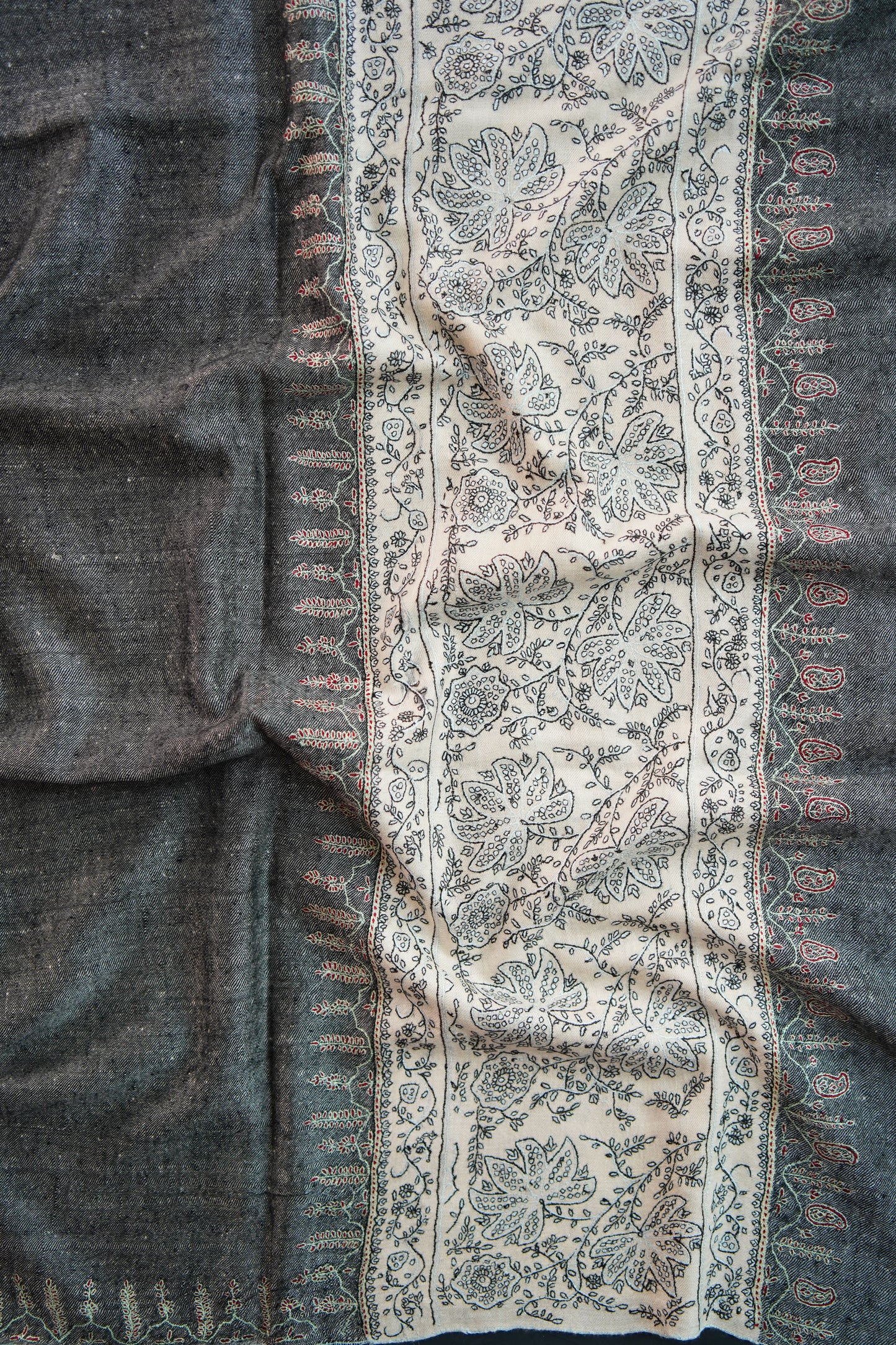 charcoal black and white GI embroidery pashmina shawl 0080