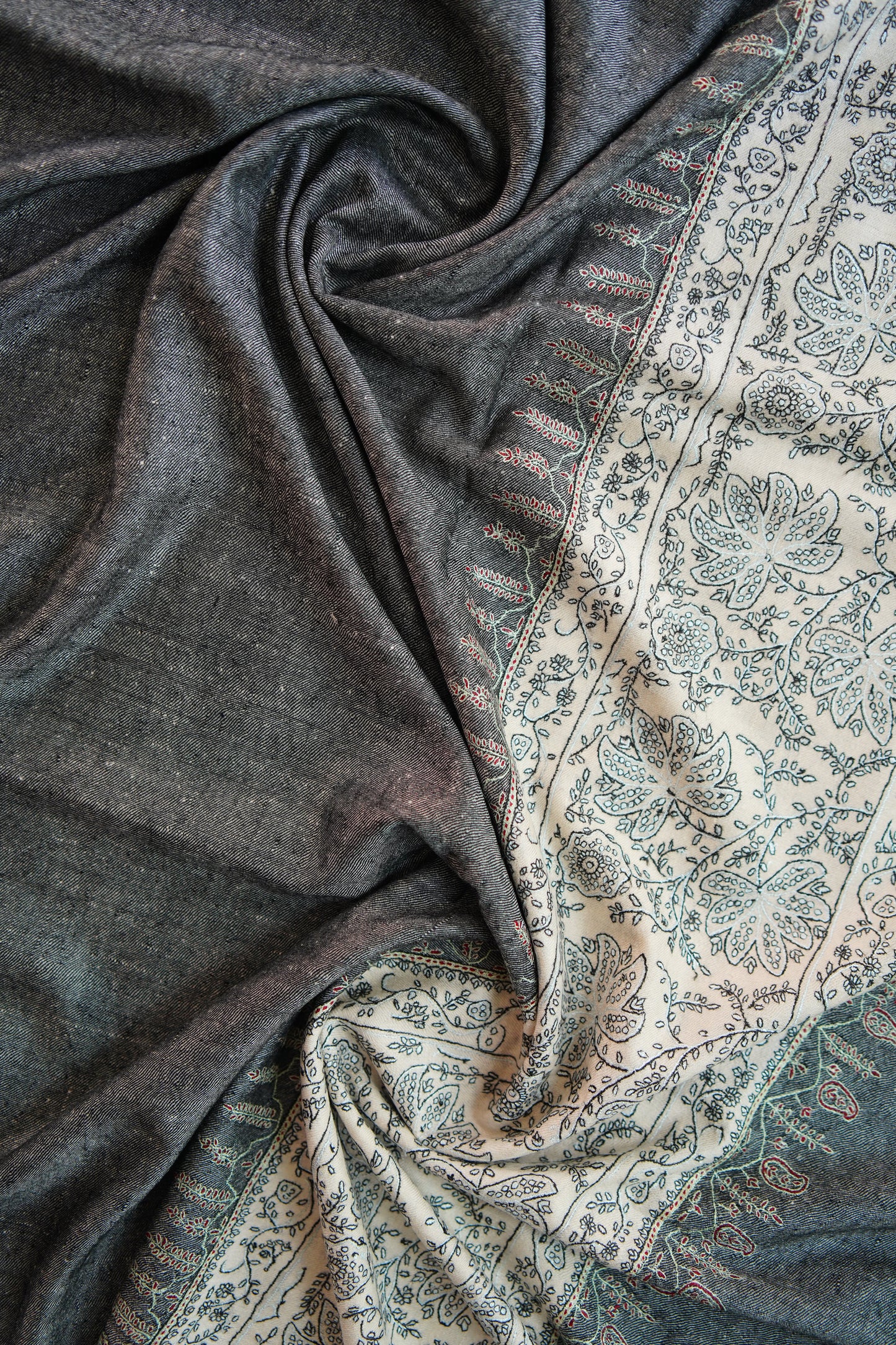 charcoal black and white GI embroidery pashmina shawl 0080