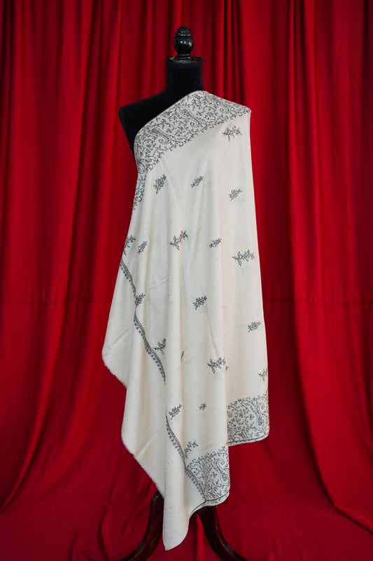 white GI butis embroidery pashmina shawl 0082