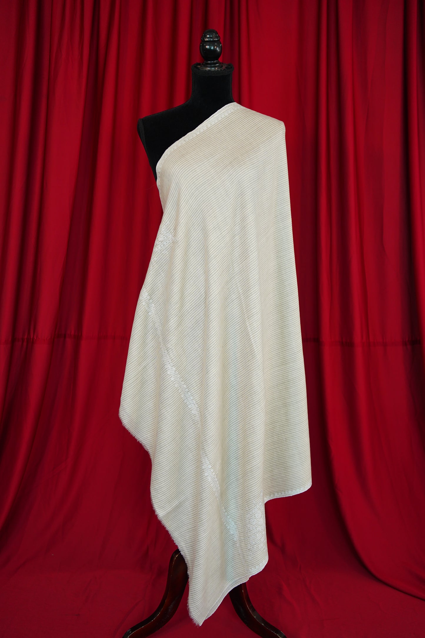 natural and white striped GI embroidery pashmina shawl 0086