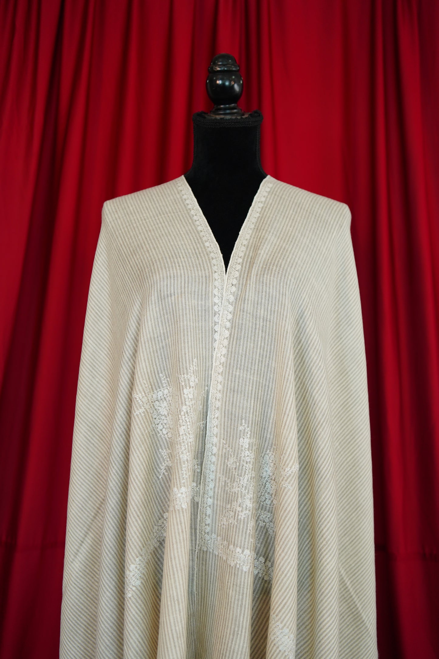natural and white striped GI embroidery pashmina shawl 0086