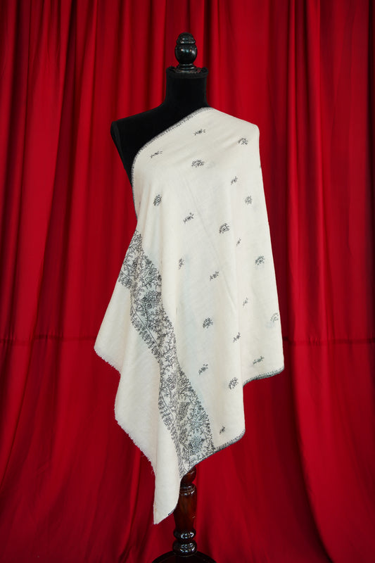 pure white GI butis embroidery pashmina stole 0100