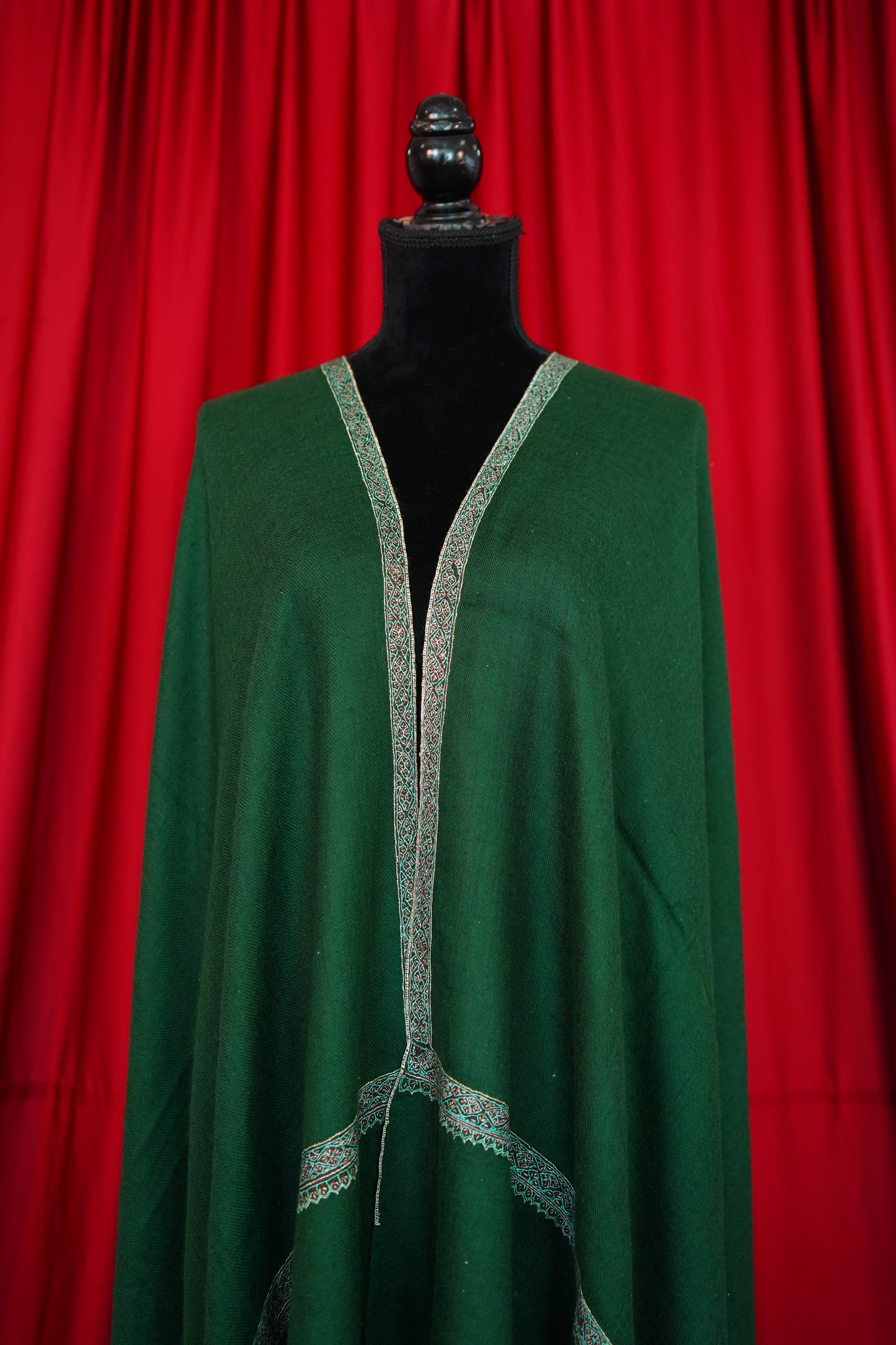 dark green handspun GI embroidery pashmina shawl 0104