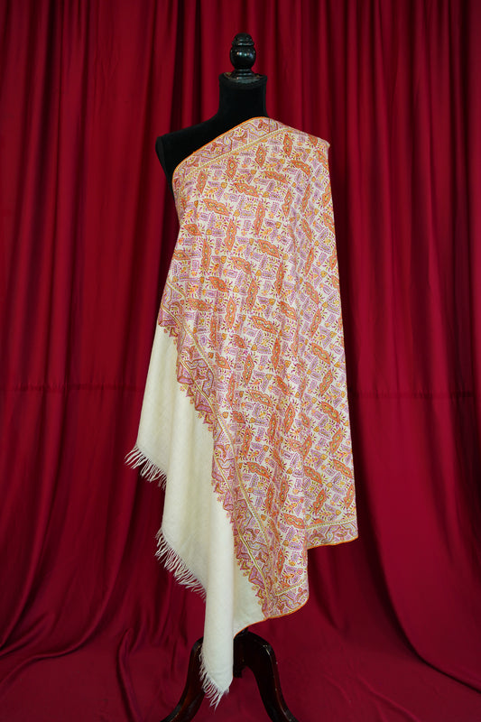 white GI silk jamma embroidery pashmina shawl 0125