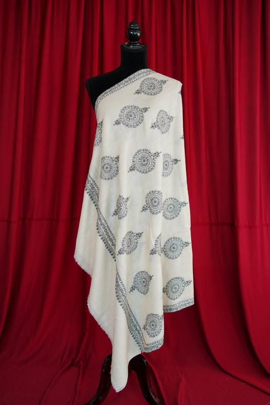 pure white GI butis embroidery pashmina shawl 0157