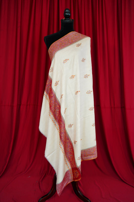 white and red GI butis embroidery pashmina shawl 0168