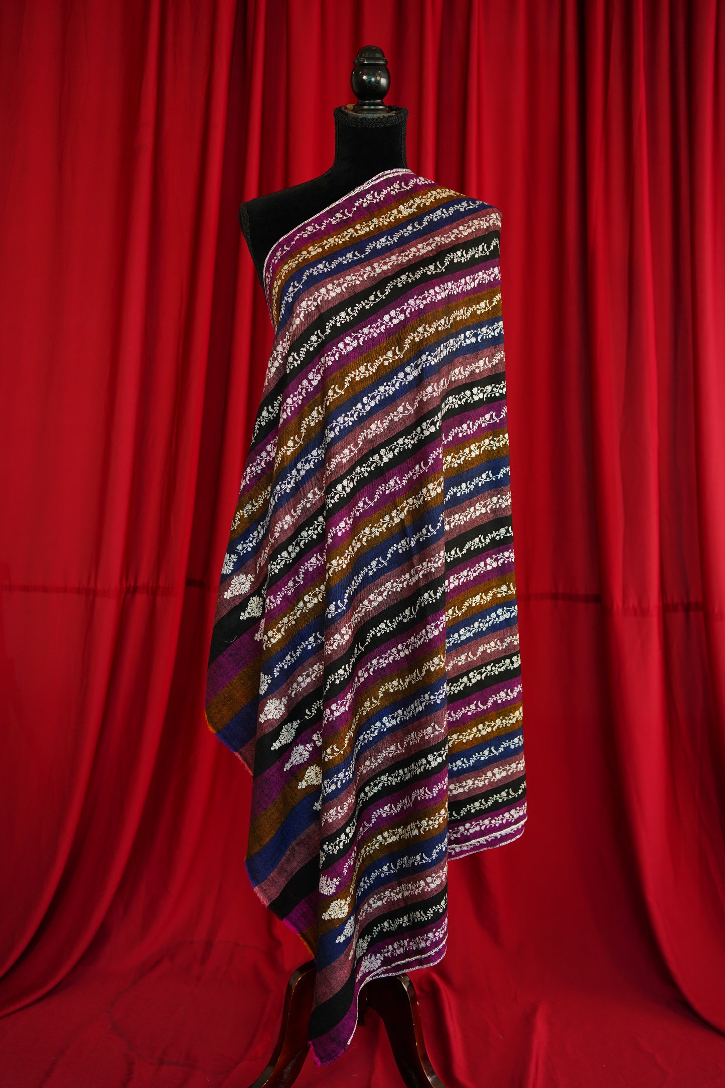multi-coloured striped GI embroidery pashmina shawl 0190