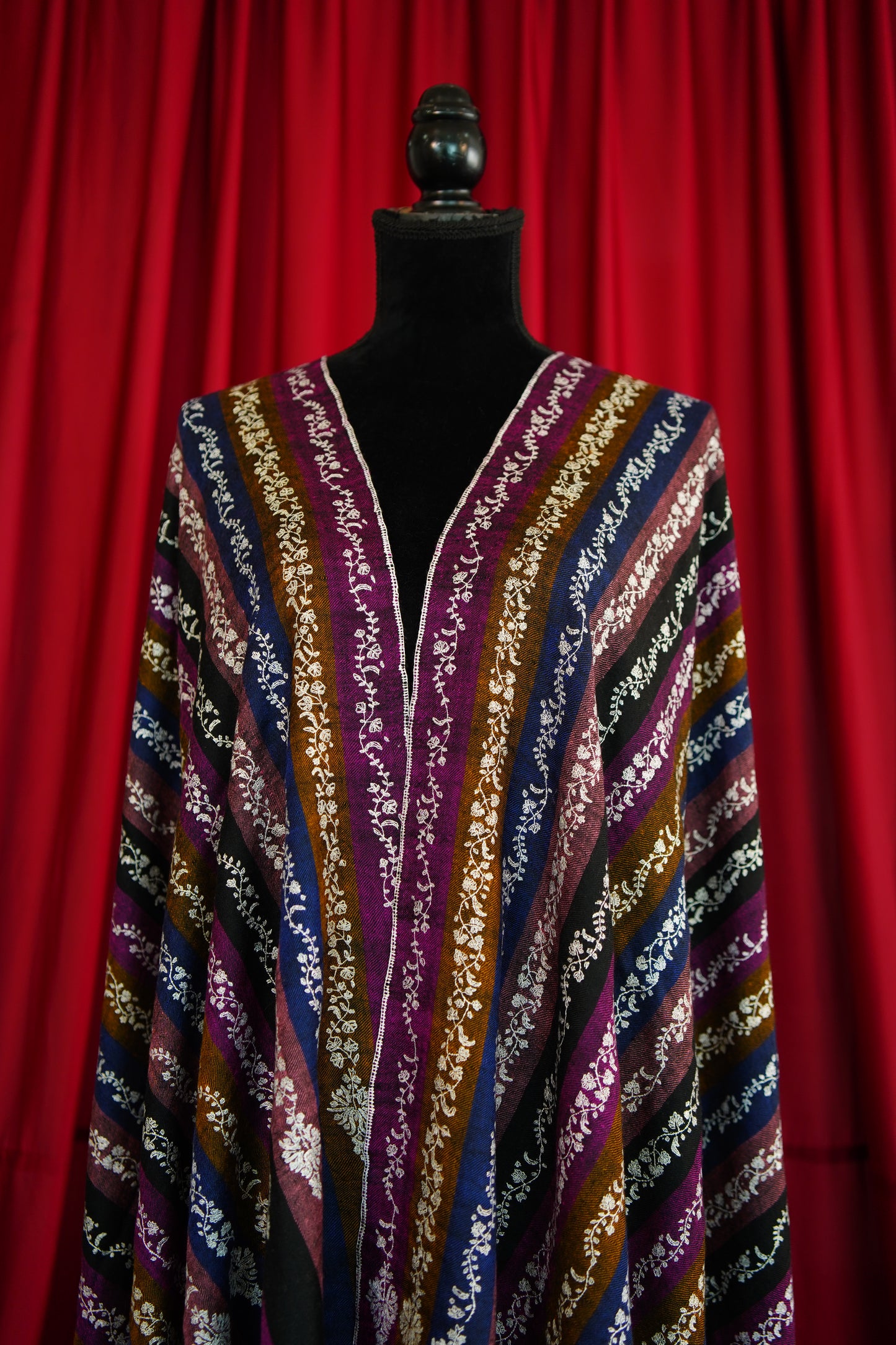 multi-coloured striped GI embroidery pashmina shawl 0190