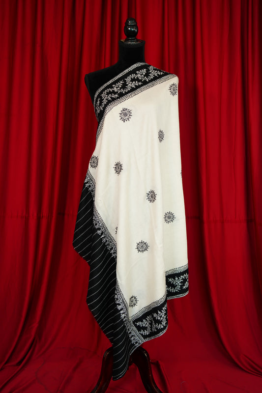 white and black GI butis embroidery pashmina shawl 0195