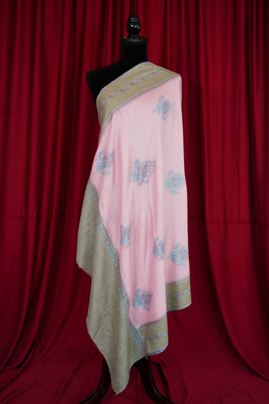 lemonade pink and natural GI butis embroidery pashmina shawl 0196