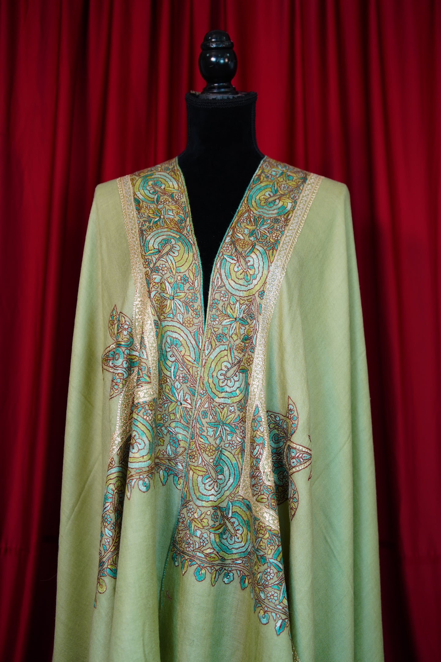 mint green GI embroidery pashmina shawl 0201