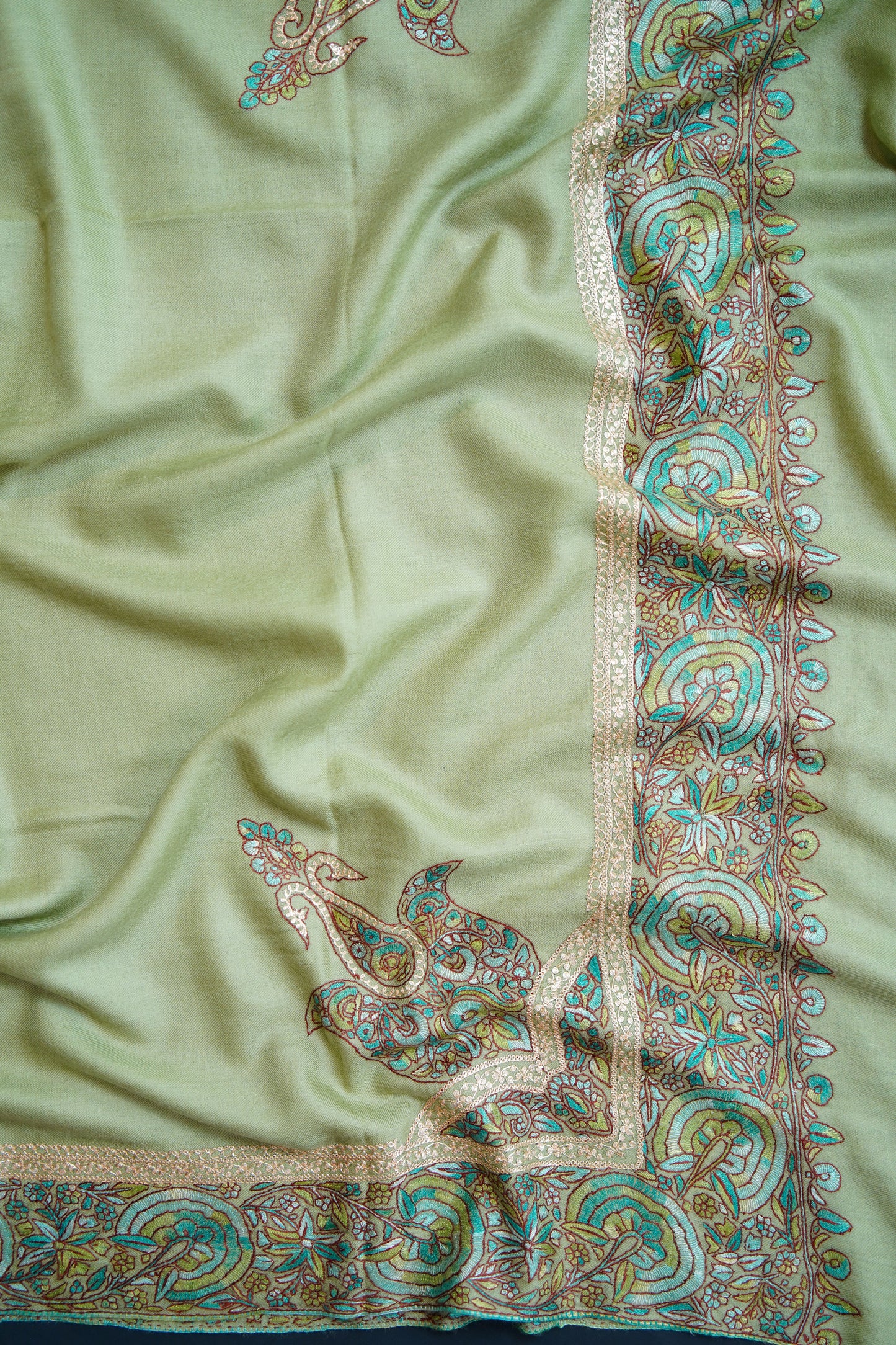mint green GI embroidery pashmina shawl 0201