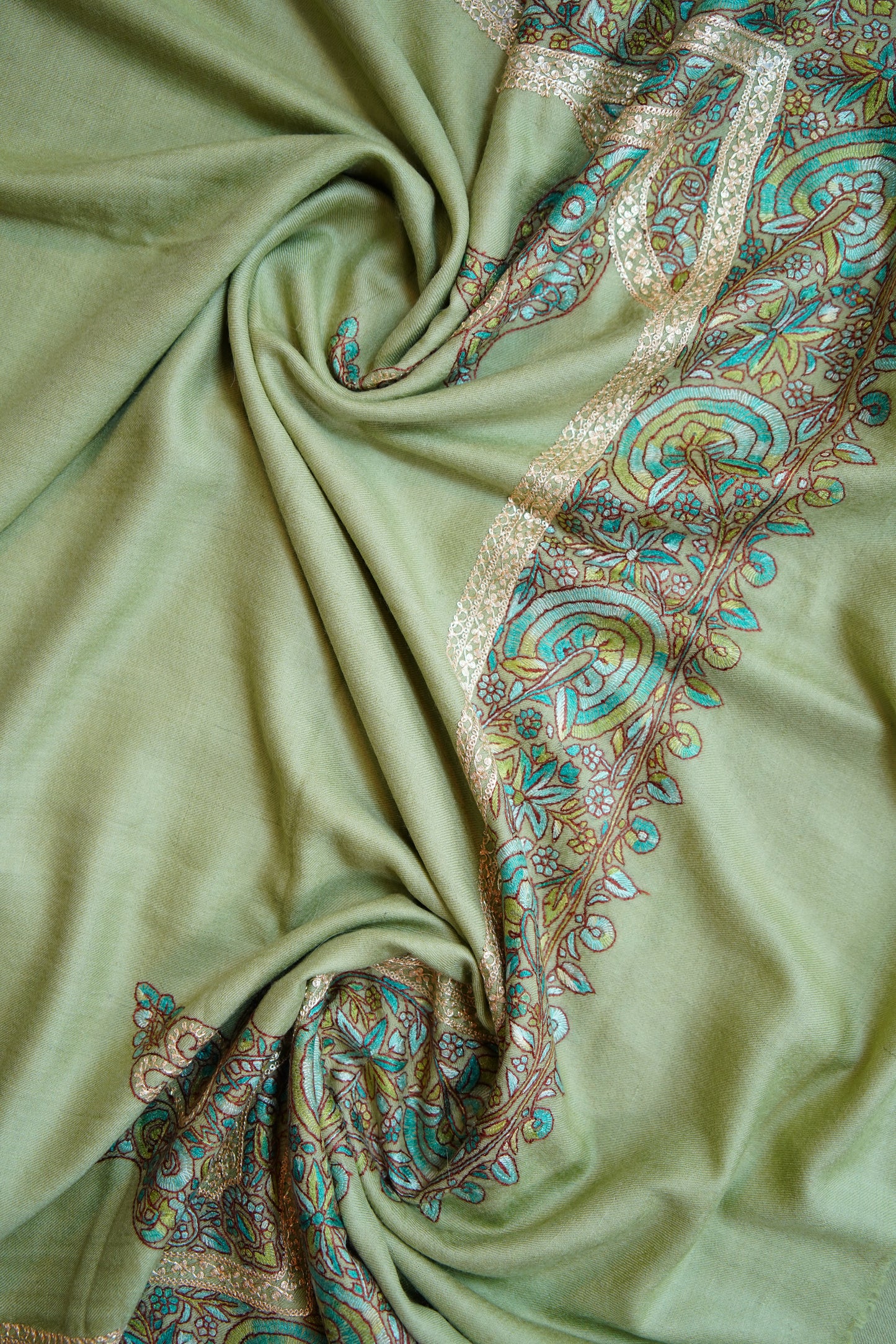 mint green GI embroidery pashmina shawl 0201
