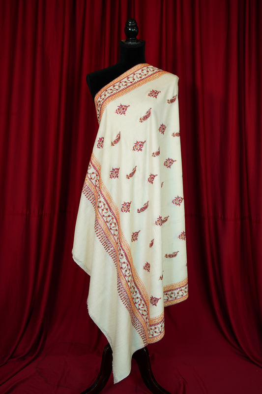 pure white GI butis embroidery pashmina shawl 0202