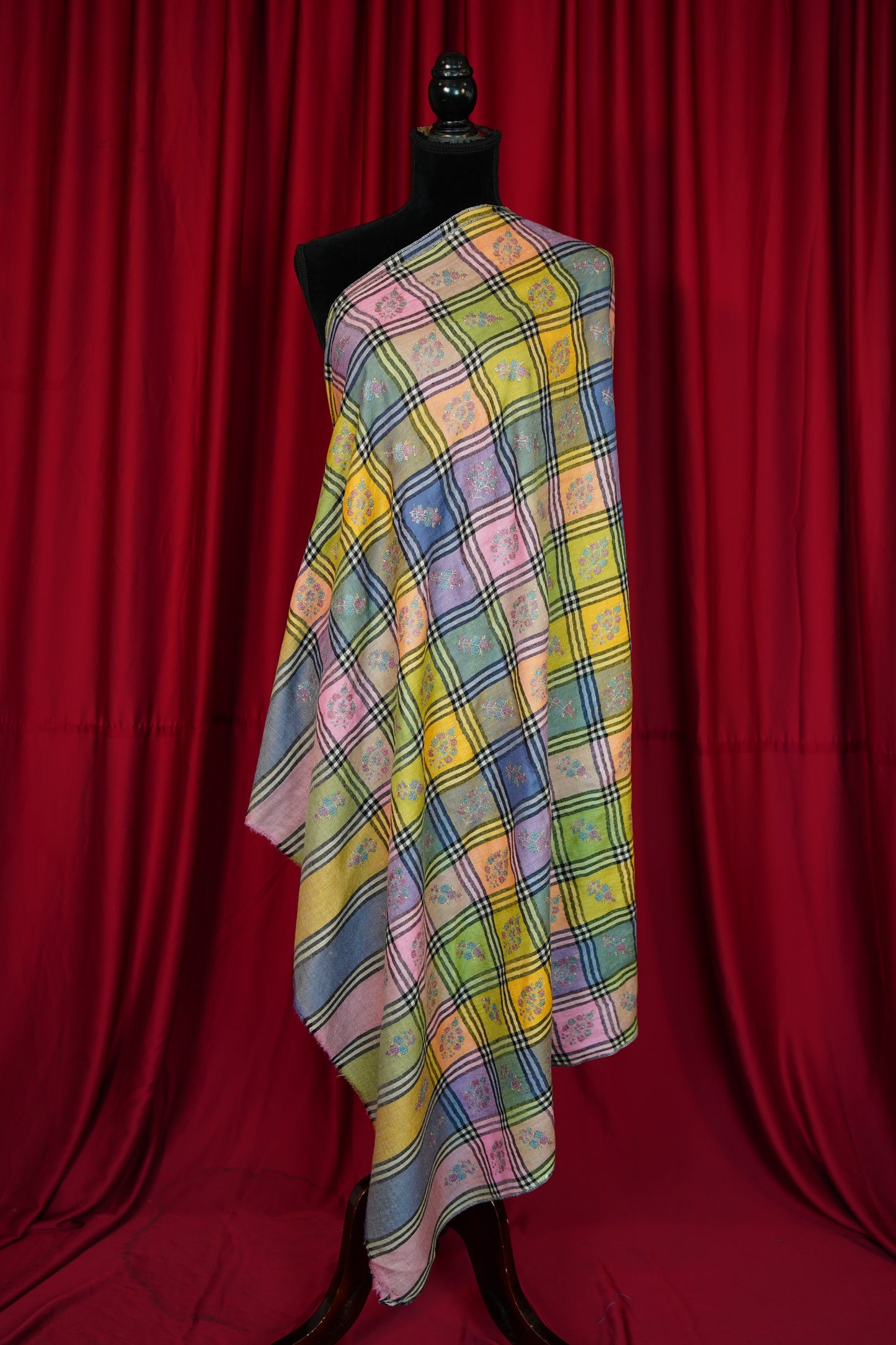 multi-coloured checked GI butis embroidery pashmina shawl 0204