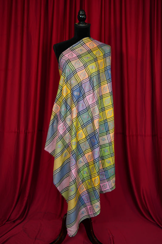 multi-coloured checked GI butis embroidery pashmina shawl 0204