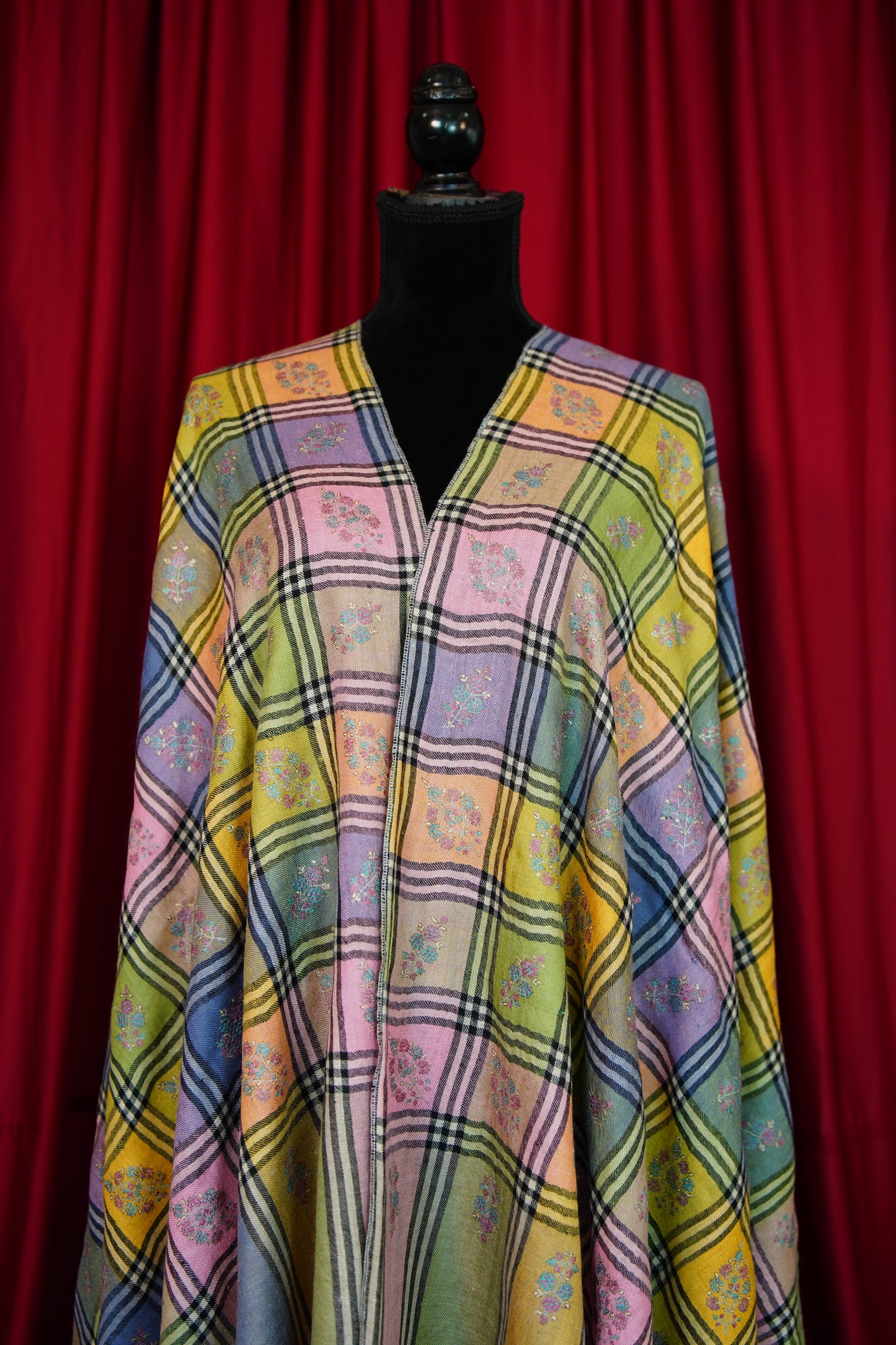 multi-coloured checked GI butis embroidery pashmina shawl 0204