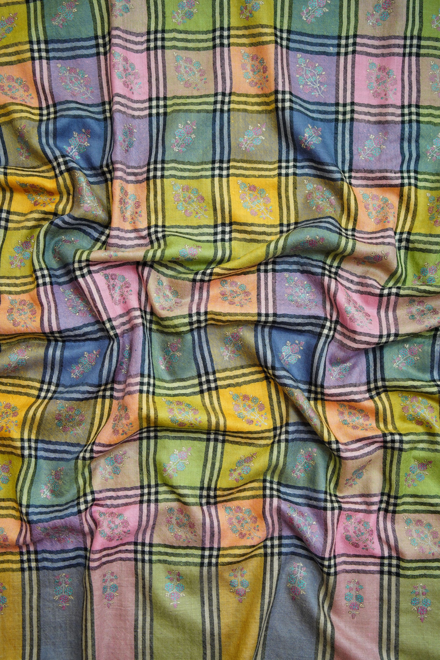multi-coloured checked GI butis embroidery pashmina shawl 0204
