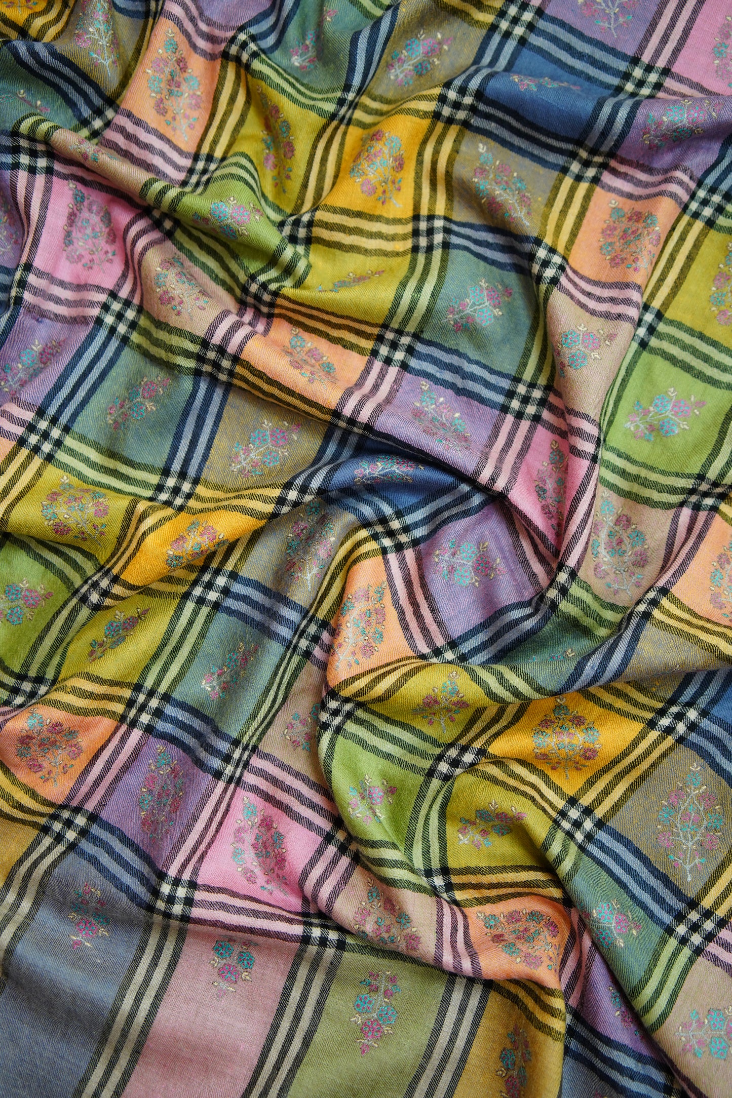 multi-coloured checked GI butis embroidery pashmina shawl 0204