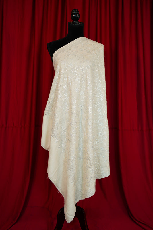 creamy white GI tilla jaali embroidery pashmina shawl 0216