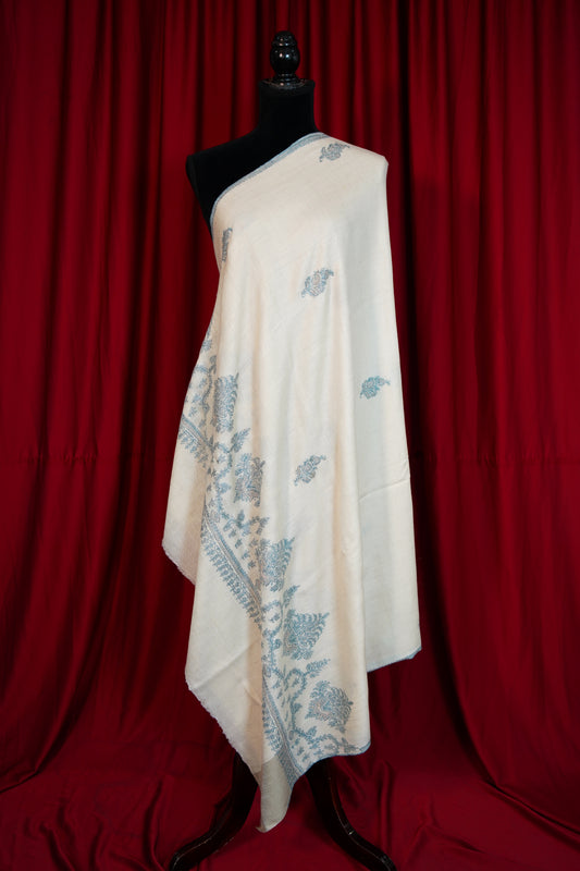 pure white GI butis embroidery pashmina shawl 0284