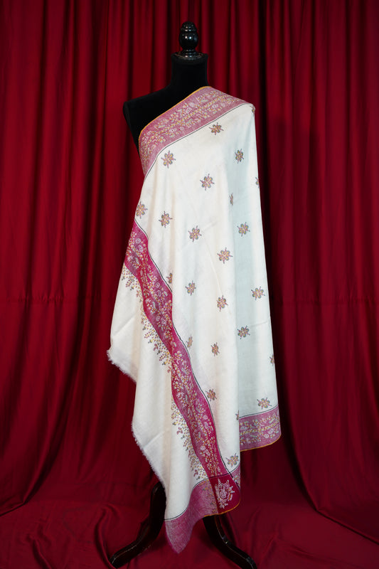 white and pink GI embroidery pashmina shawl 0286