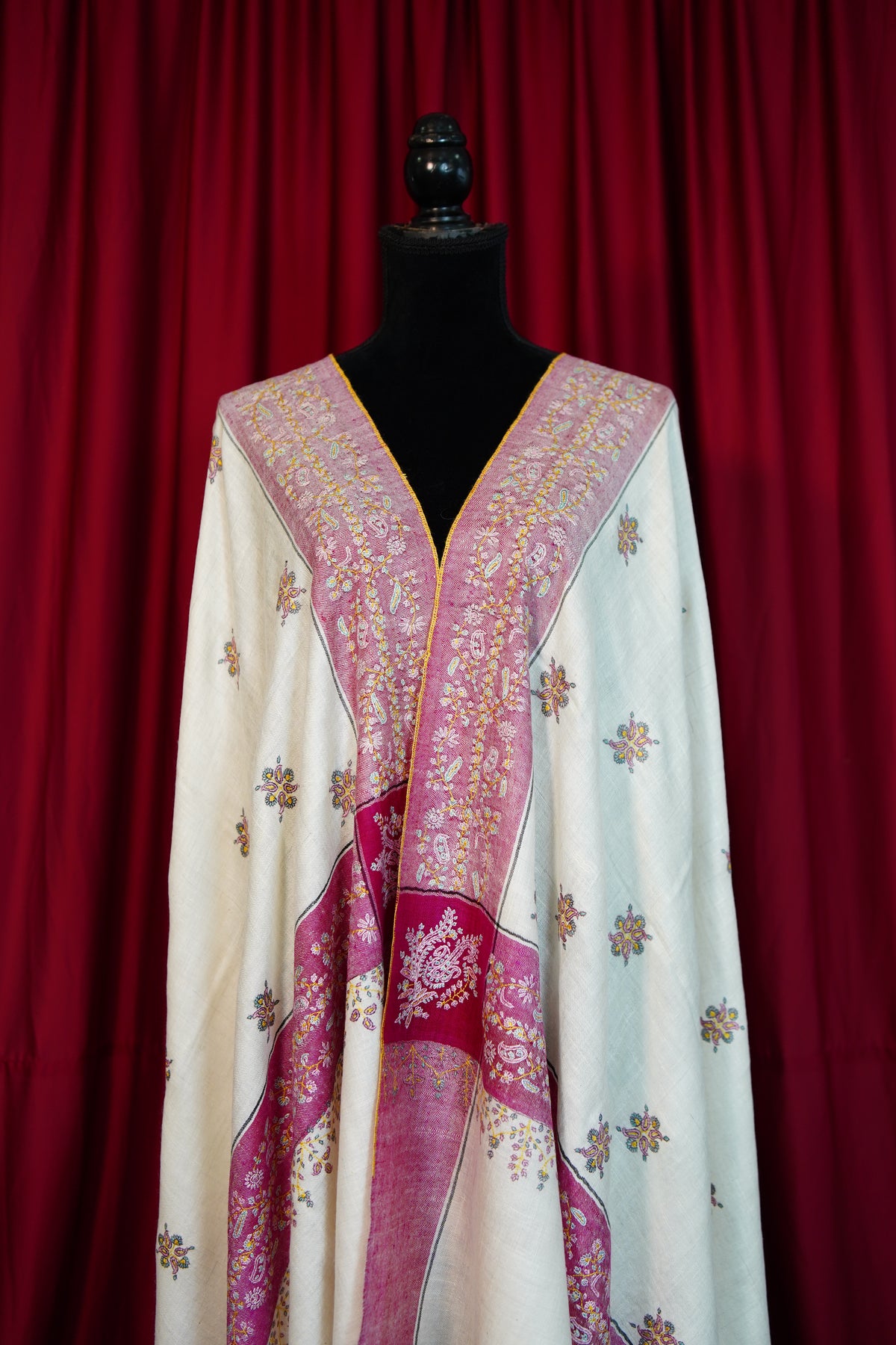 white and pink GI embroidery pashmina shawl 0286