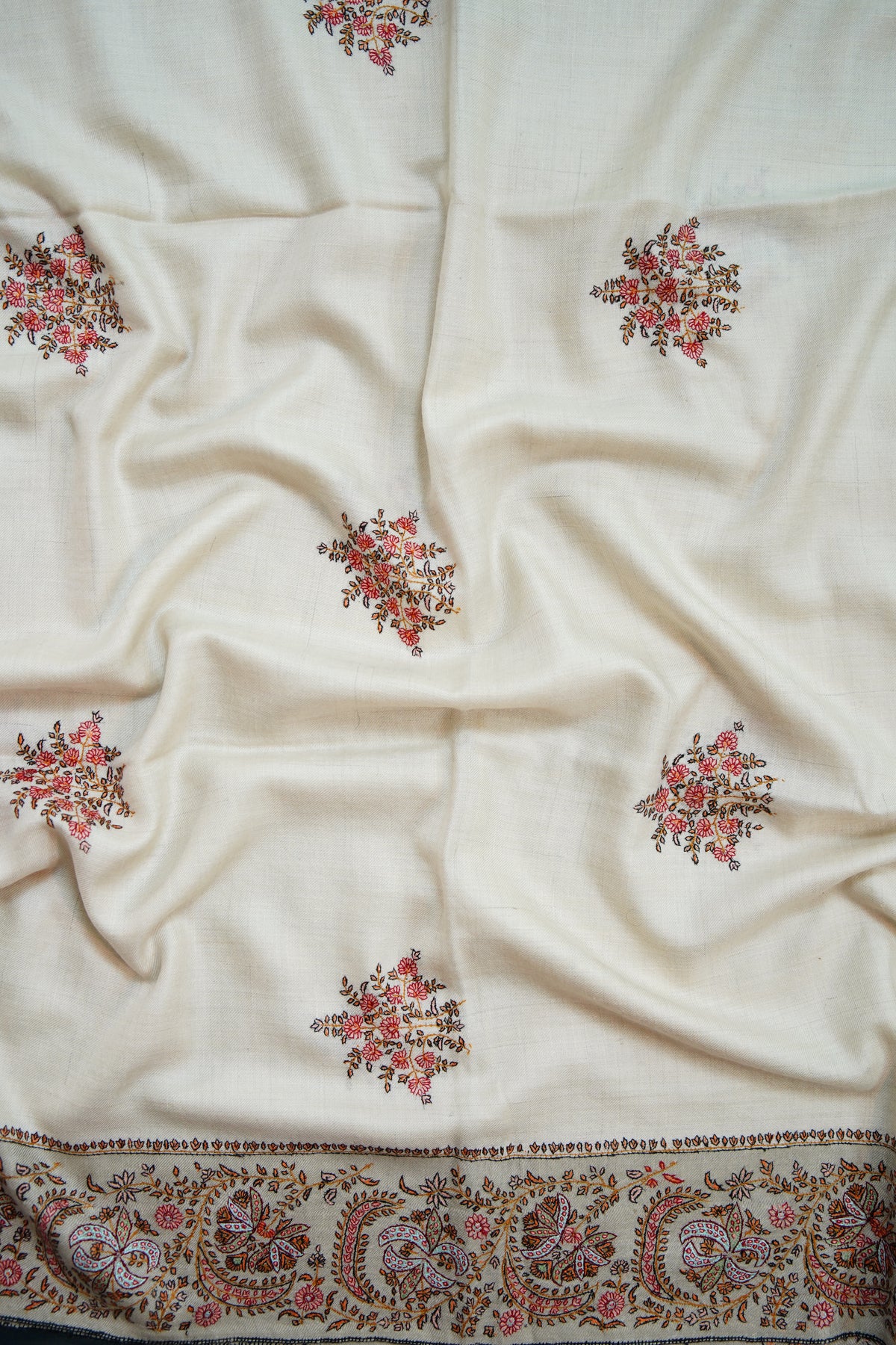 creamy white GI butis embroidery pashmina shawl 0290