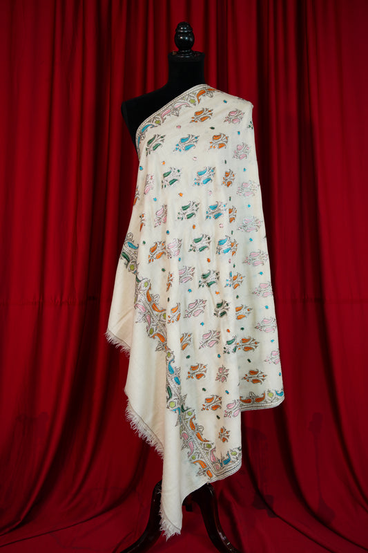 white GI butis tilla embroidery pashmina shawl 0291