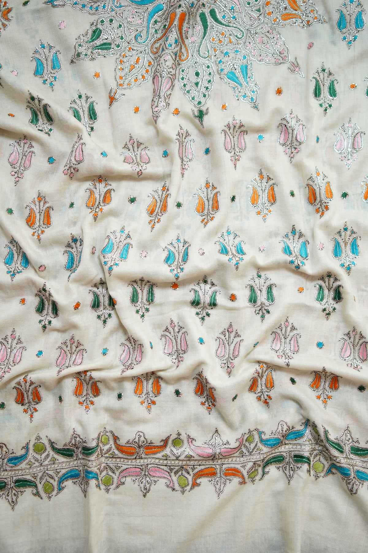 white GI butis tilla embroidery pashmina shawl 0291