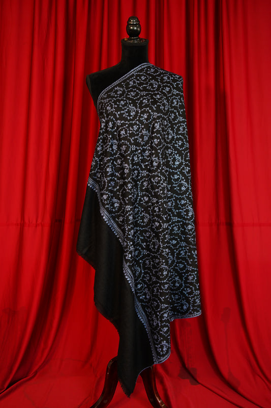 jet black GI jaali embroidery pashmina shawl 0292