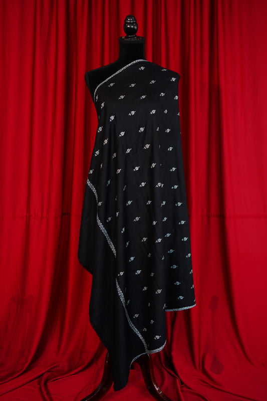 jet black GI butis embroidery pashmina shawl 0295