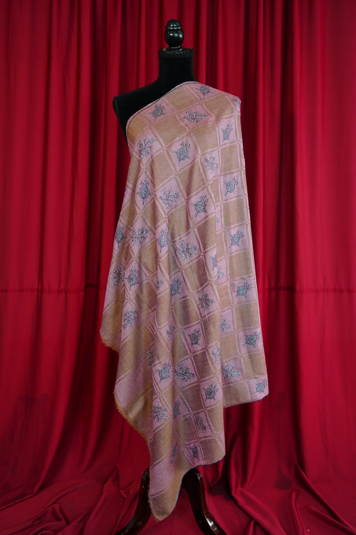 blush pink checked GI butis embroidery pashmina shawl 0299