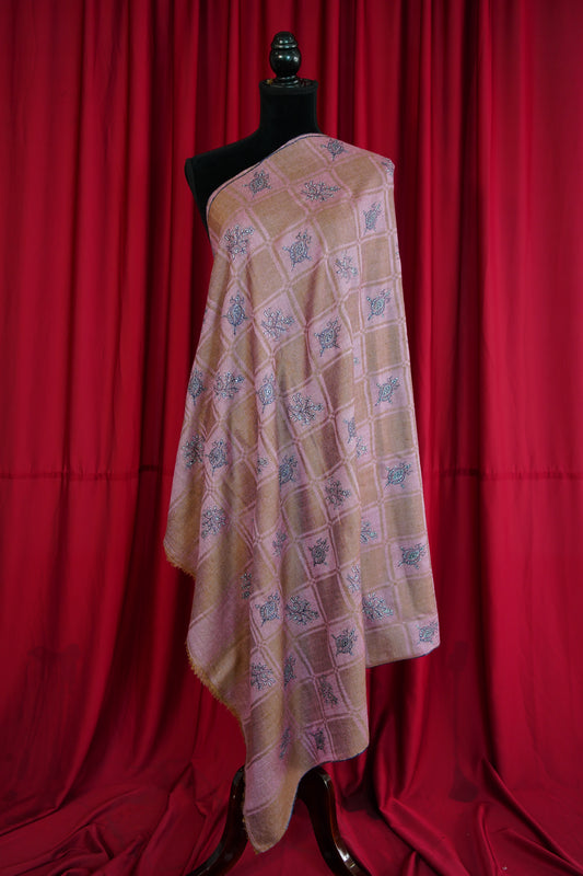 blush pink checked GI butis embroidery pashmina shawl 0299
