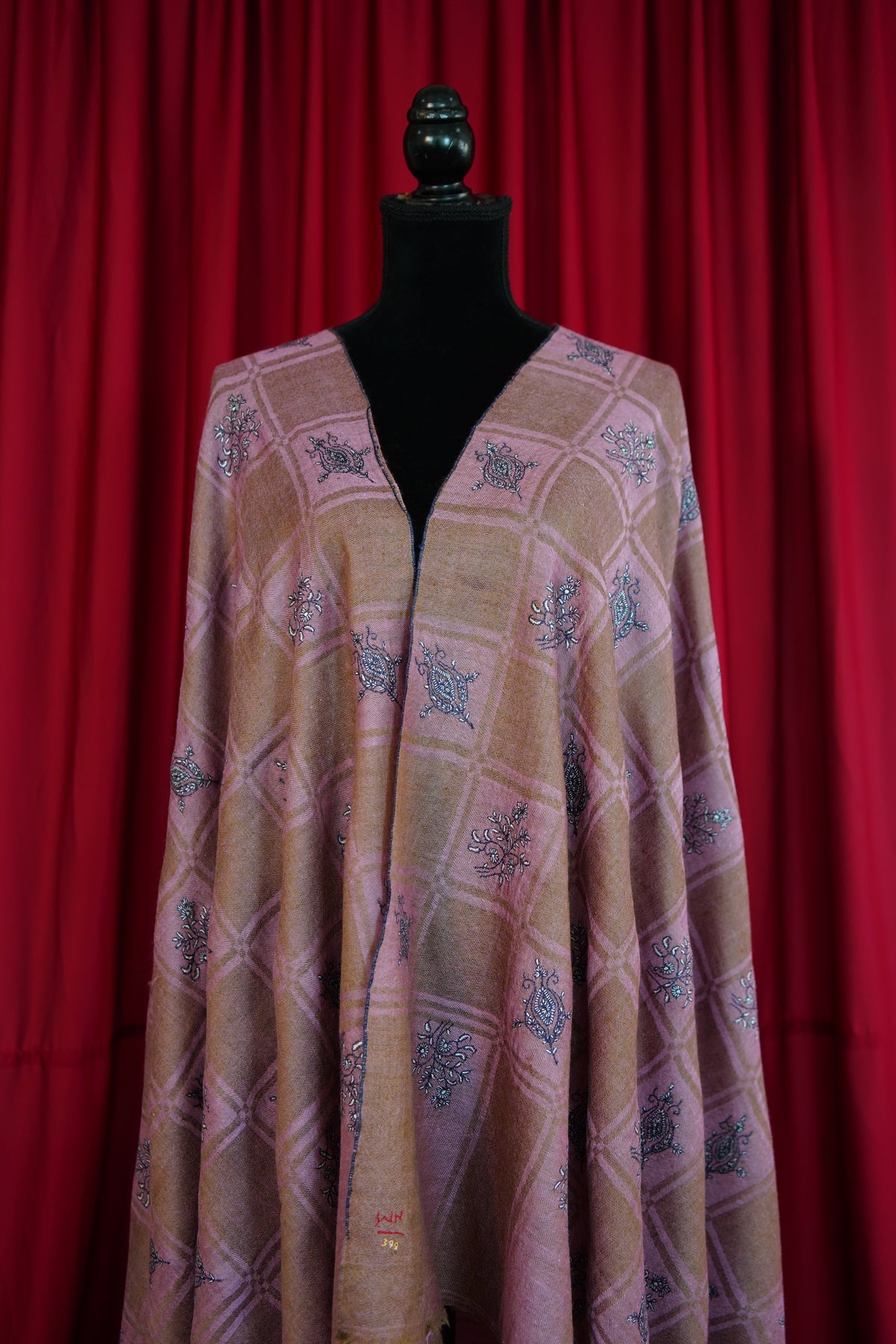 blush pink checked GI butis embroidery pashmina shawl 0299