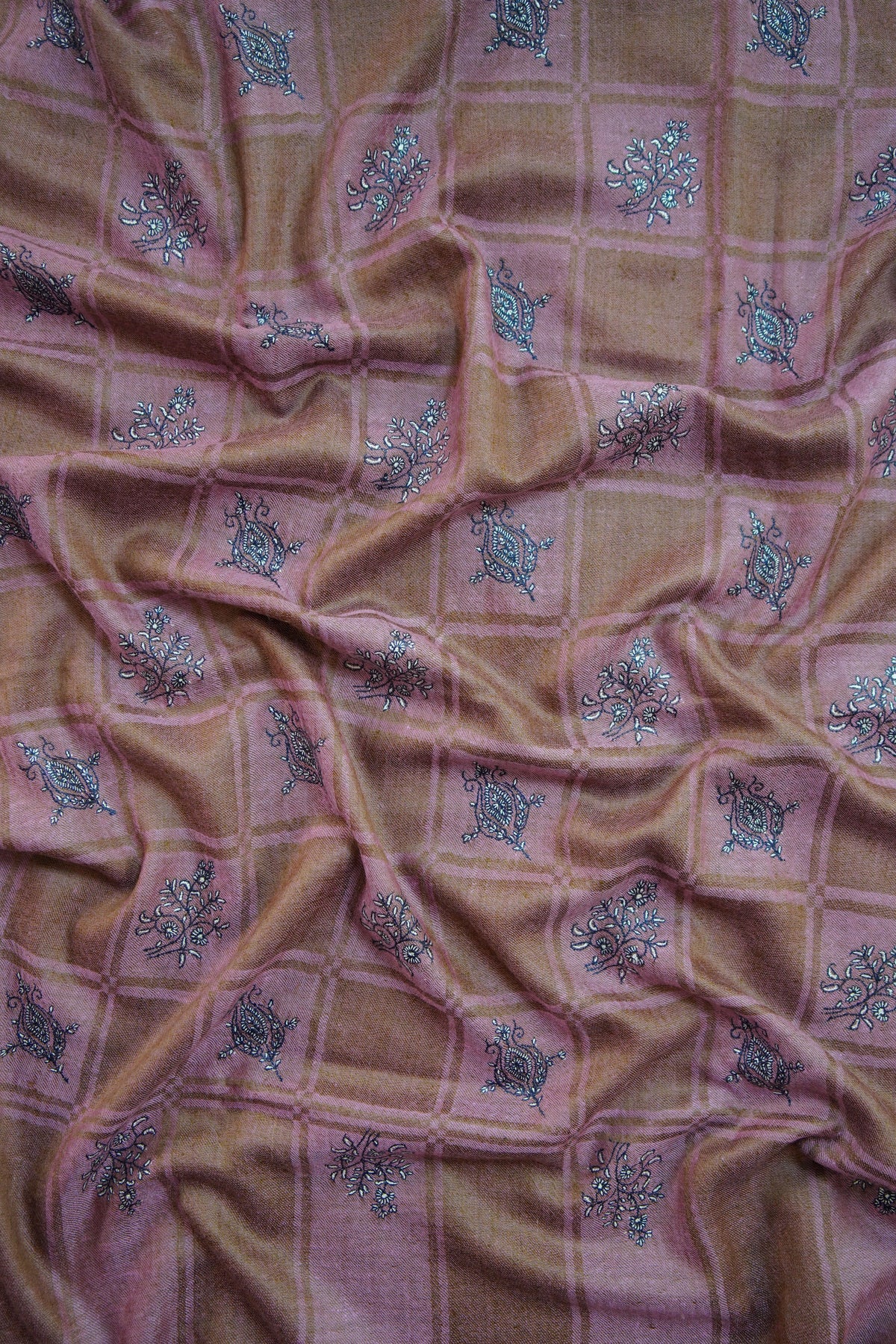 blush pink checked GI butis embroidery pashmina shawl 0299
