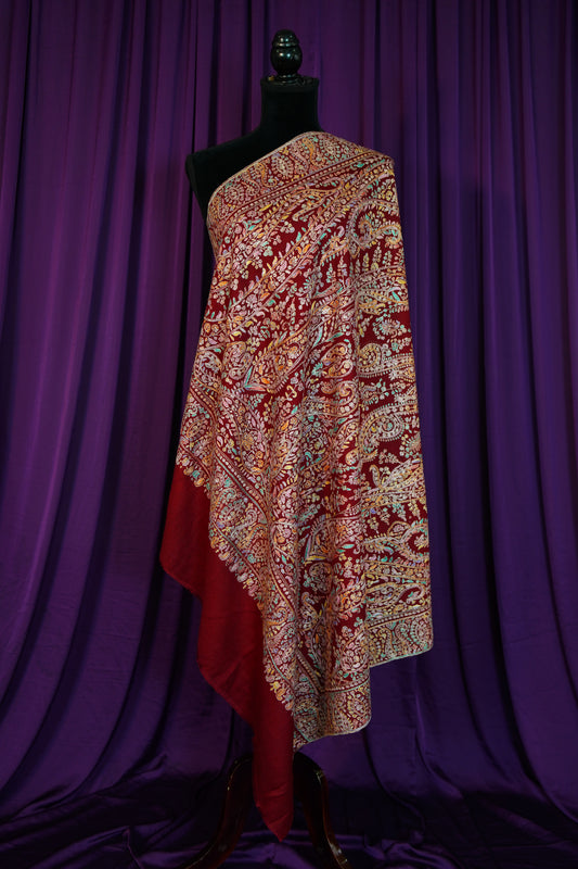 maroon GI jamma embroidery pashmina shawl 0303