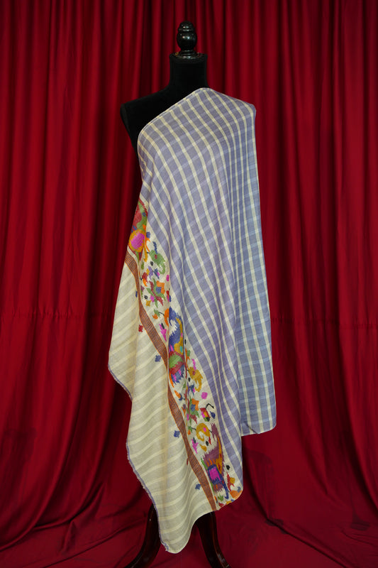 blue checked GI kani palla pashmina shawl 0305