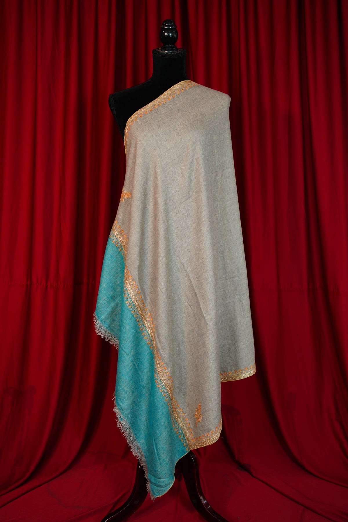 natural and tiffany blue GI embroidery pashmina shawl 0322