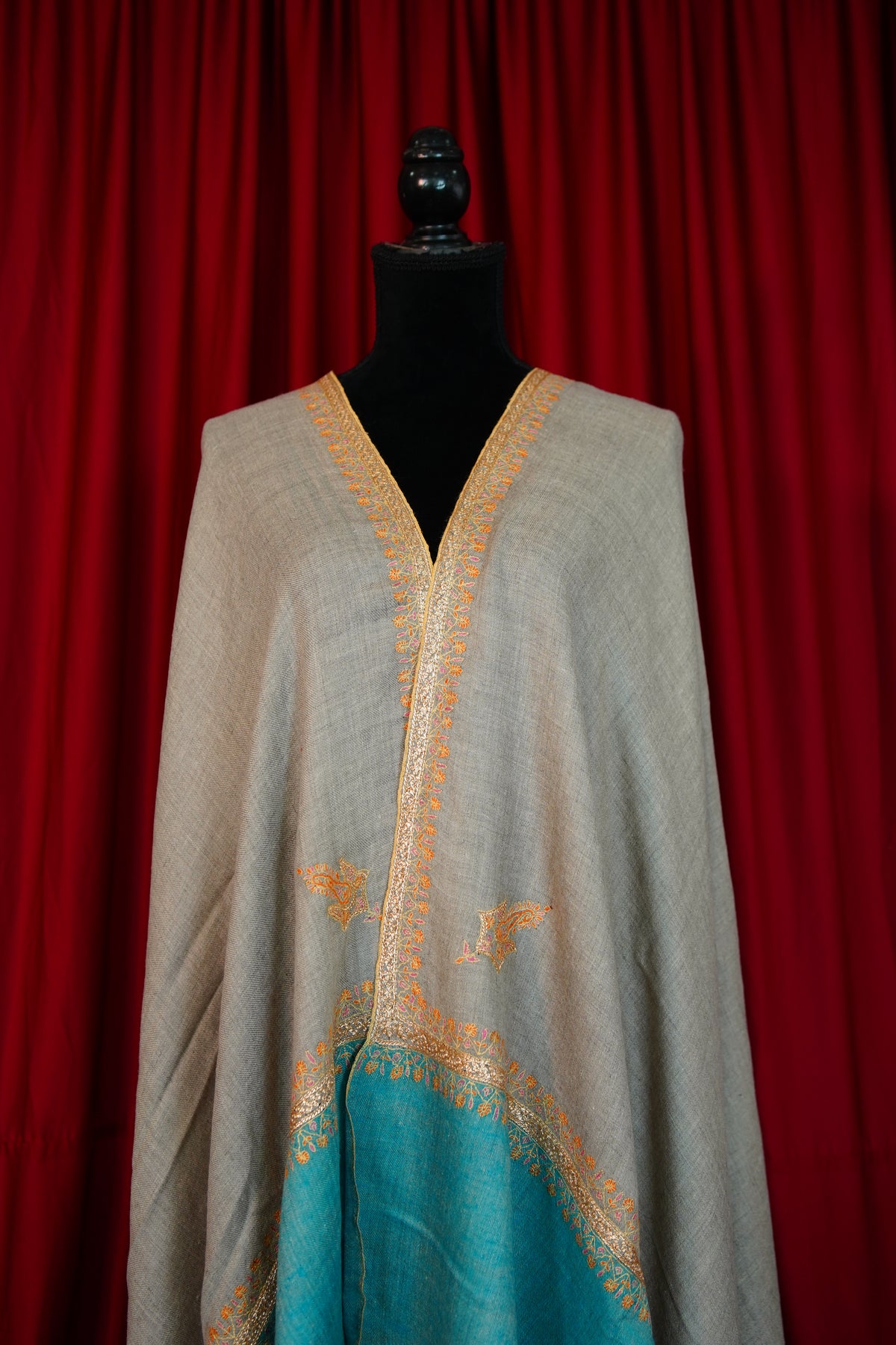 natural and tiffany blue GI embroidery pashmina shawl 0322