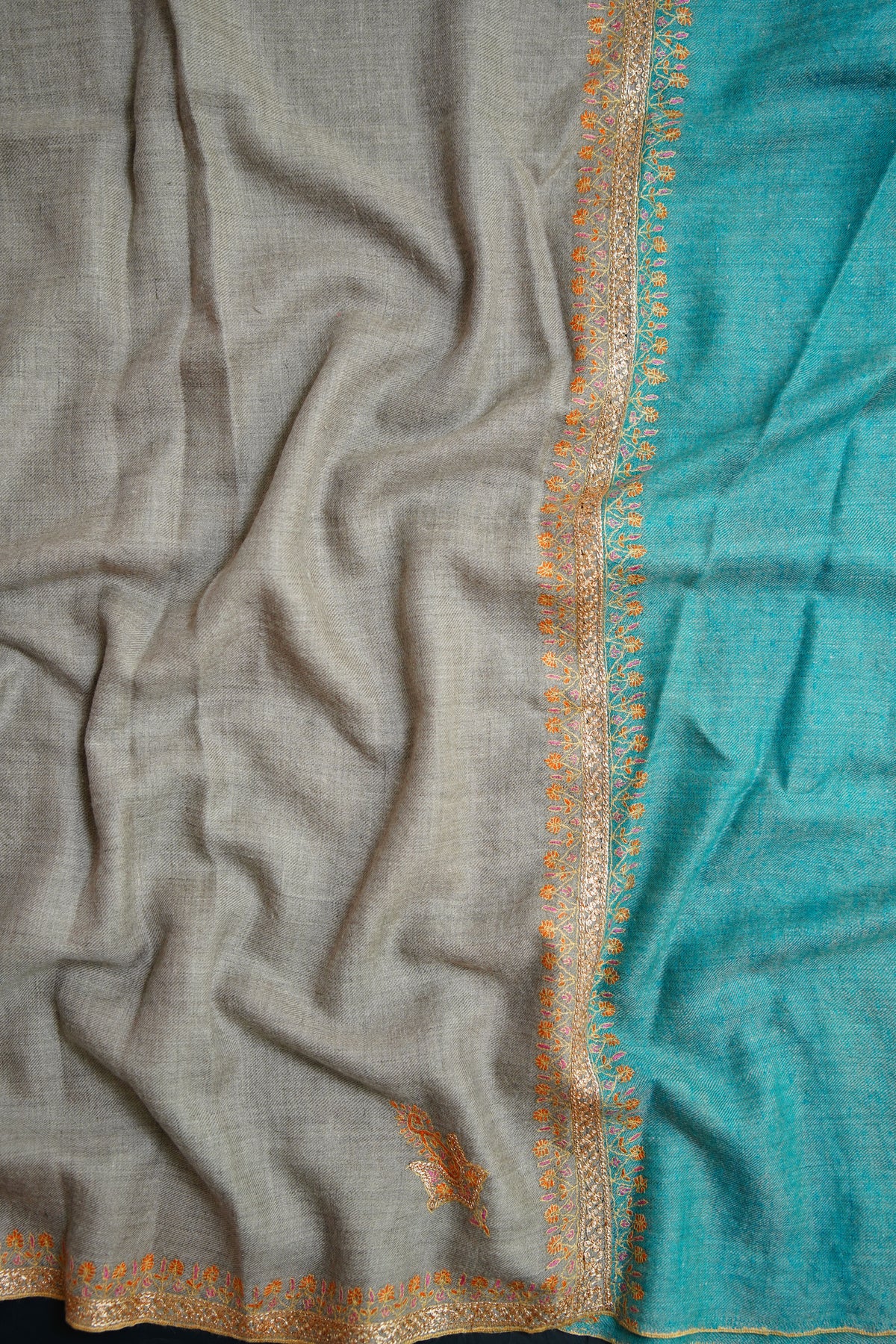natural and tiffany blue GI embroidery pashmina shawl 0322