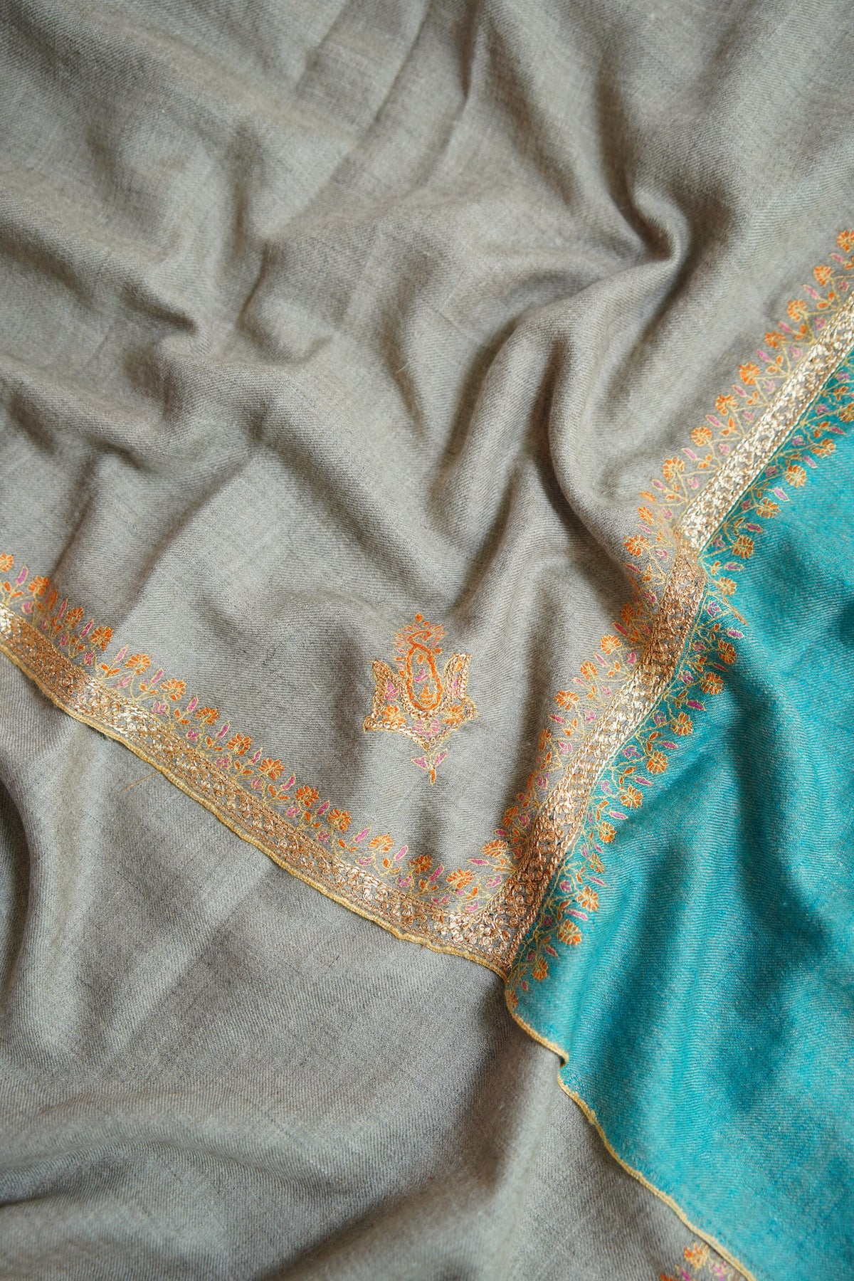 natural and tiffany blue GI embroidery pashmina shawl 0322