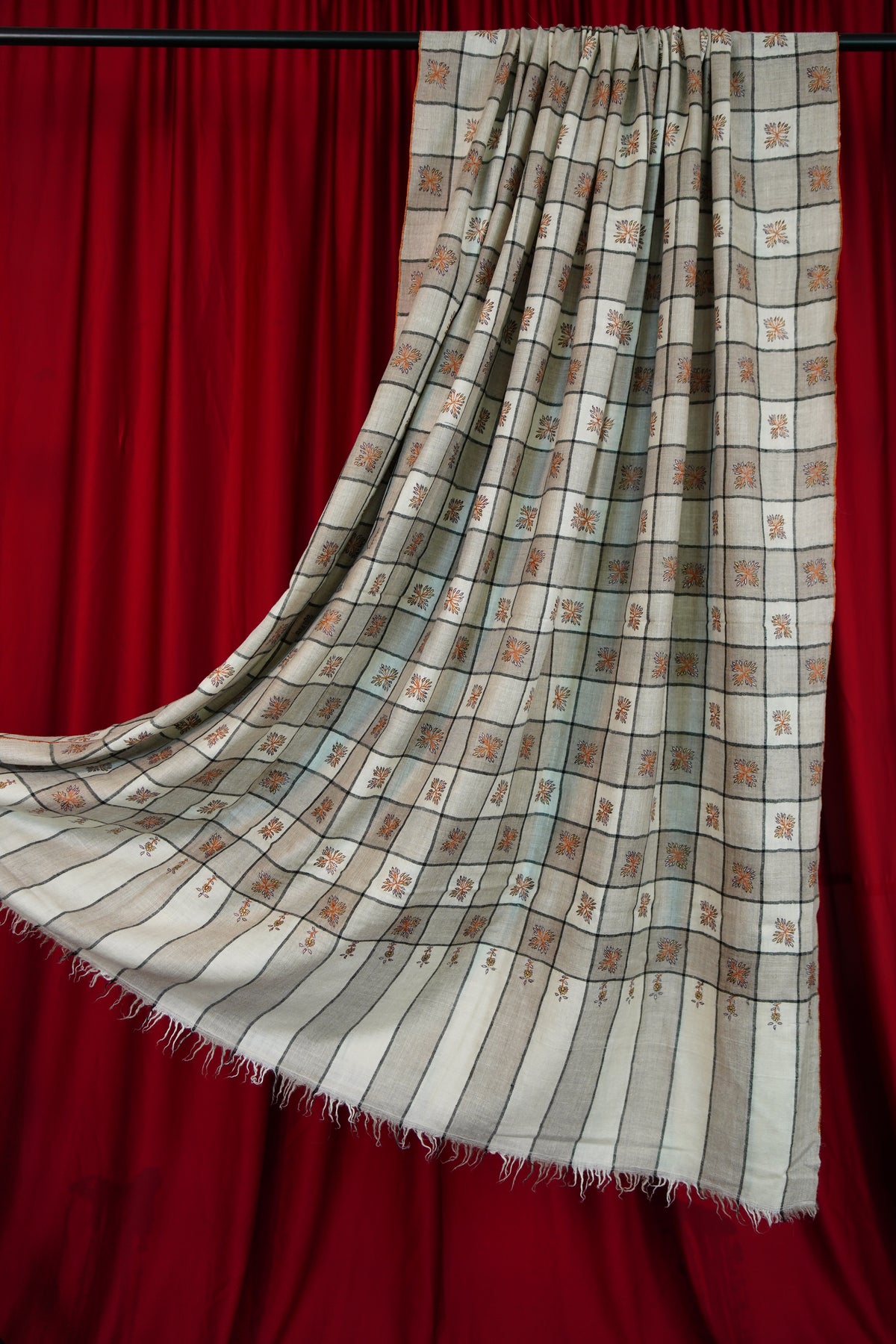 off-white and natural XL GI checked embroidery pashmina shawl 0336