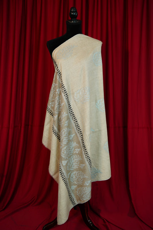 creamy natural GI embroidery pashmina shawl 0359
