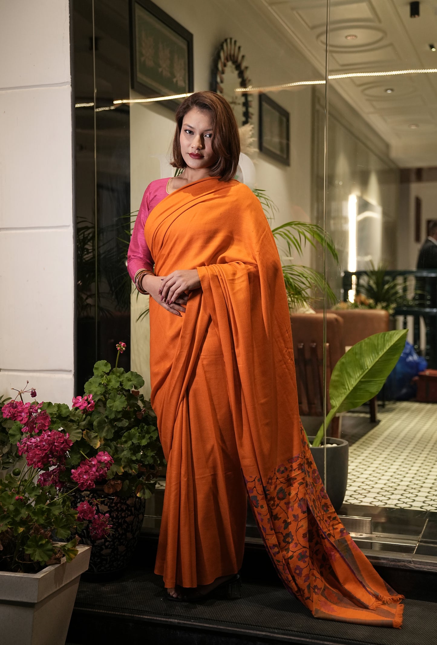 orange handmade kani palla woven saree