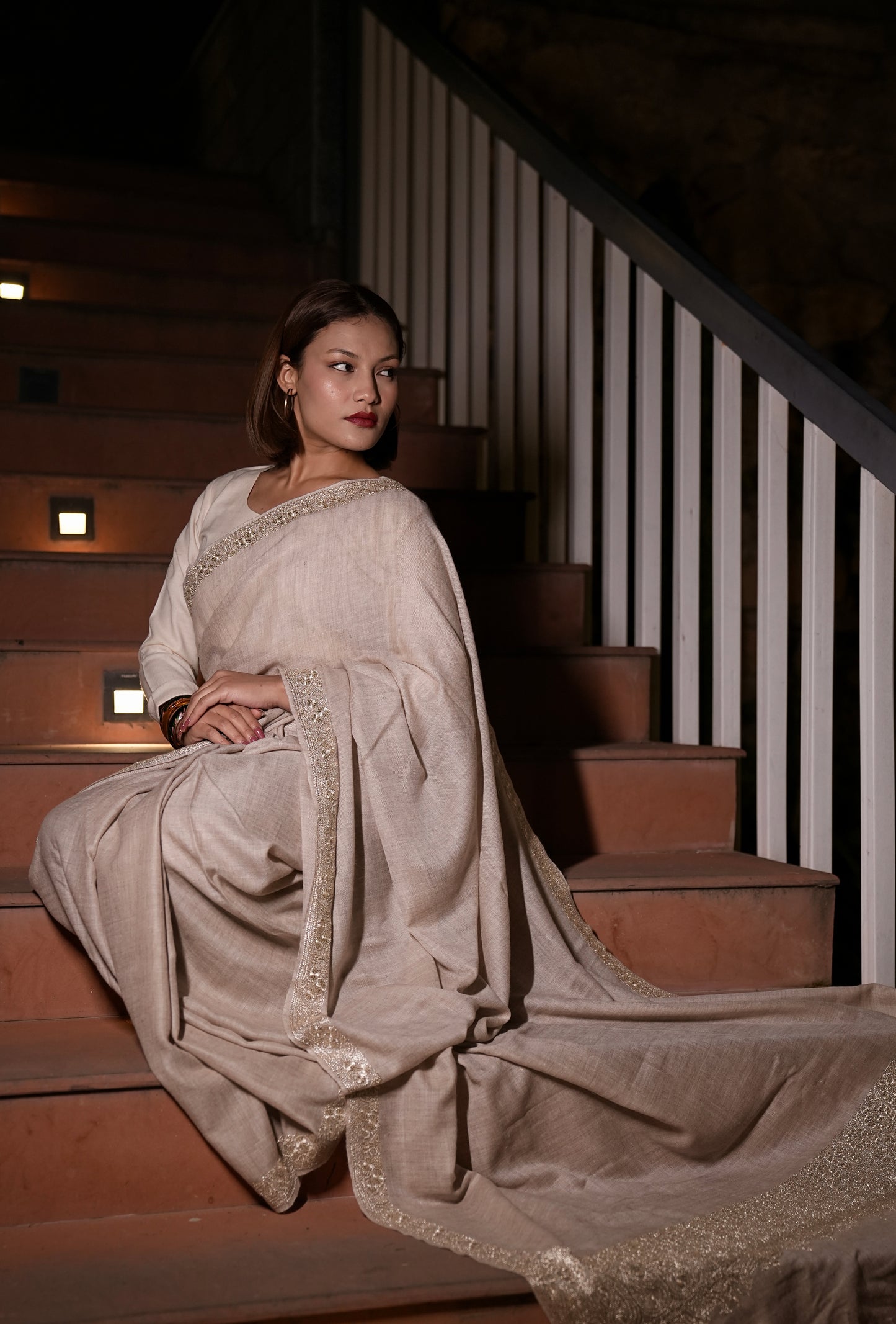 natural shade hand tilla embroidery pashmina saree