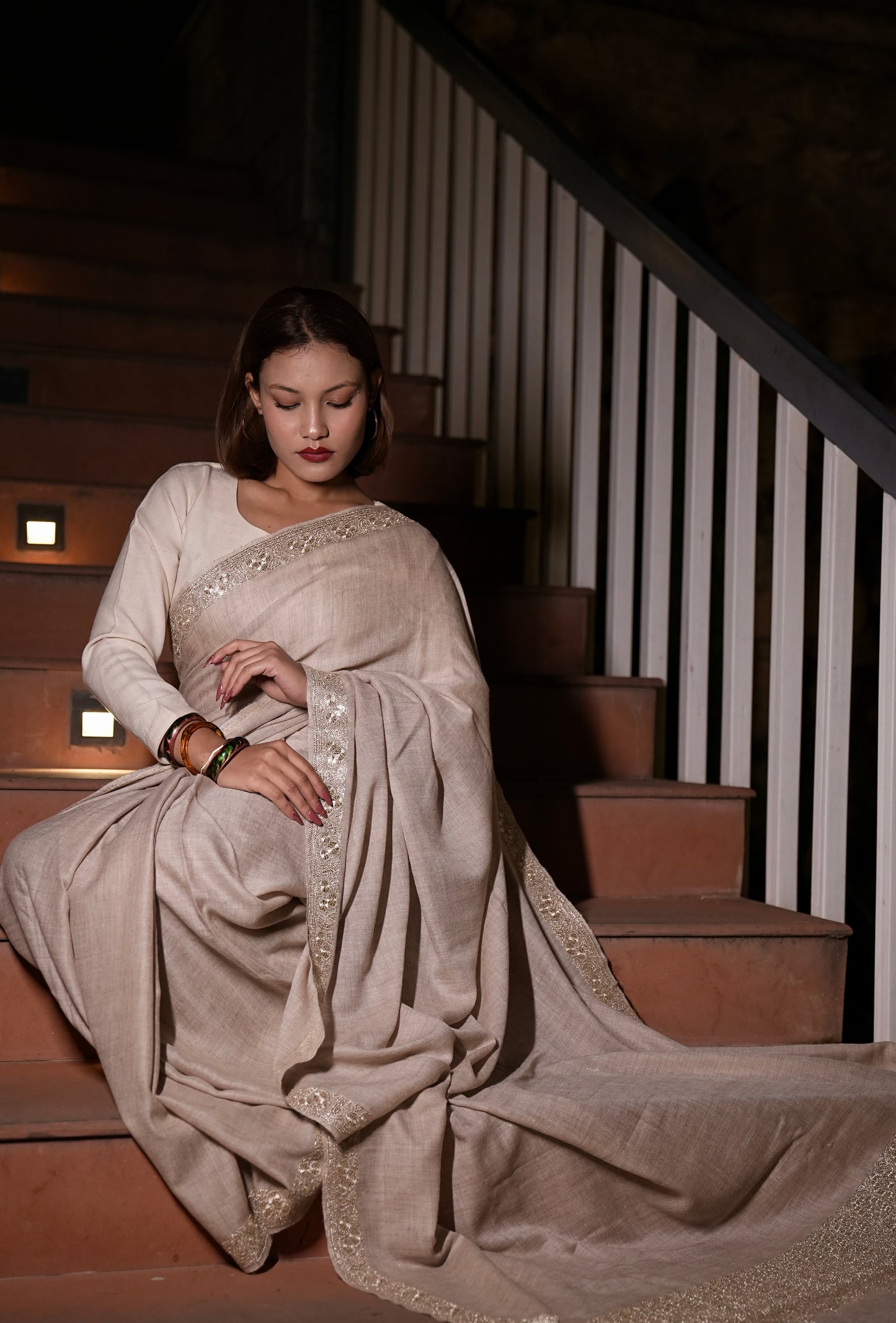 natural shade hand tilla embroidery pashmina saree