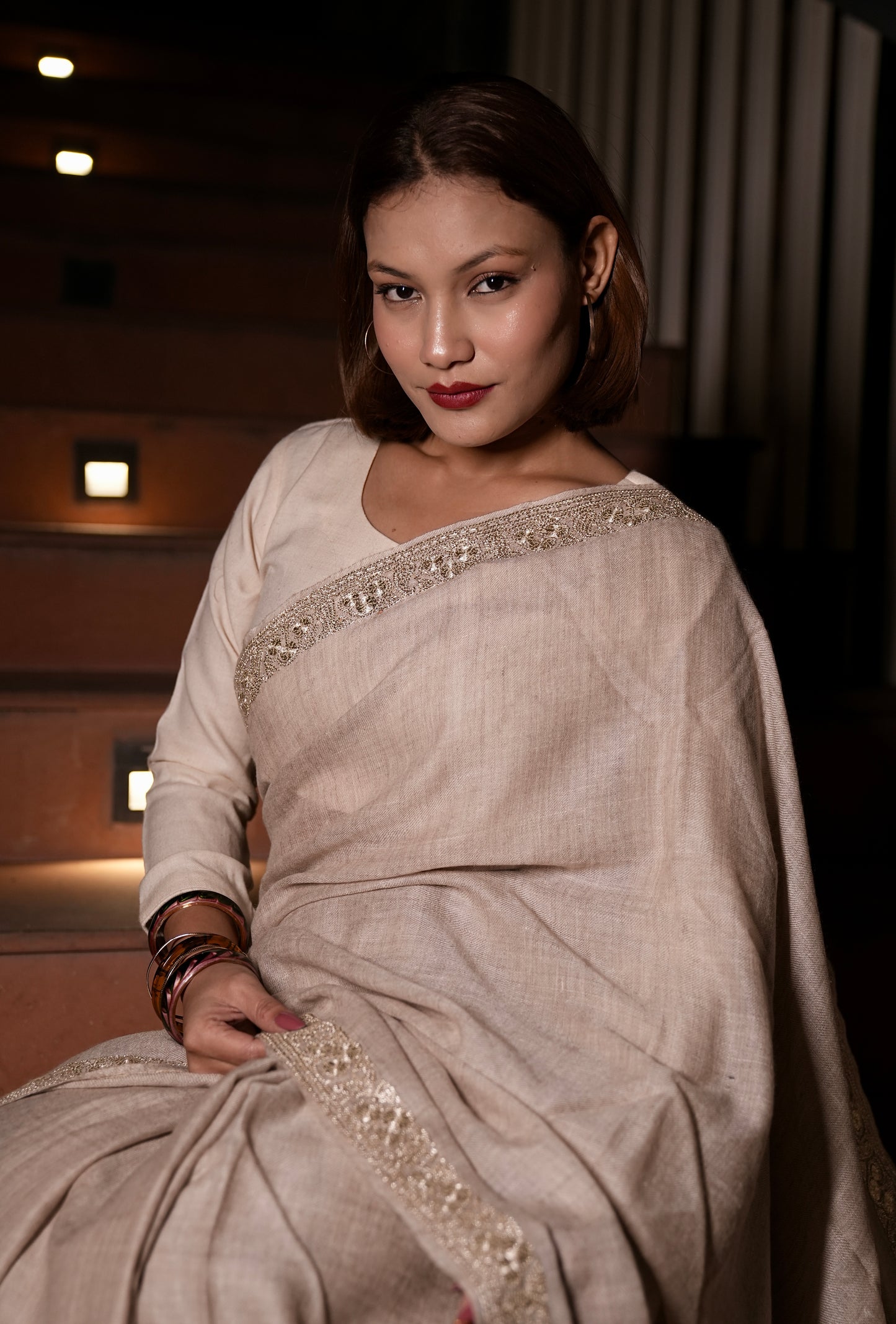 natural shade hand tilla embroidery pashmina saree