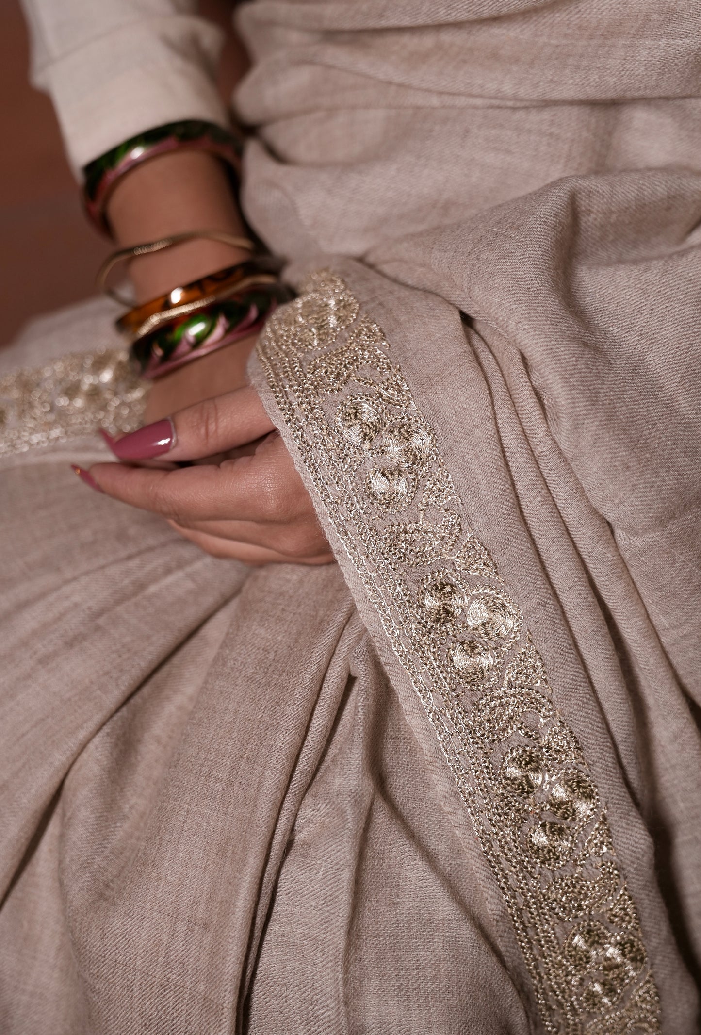 natural shade hand tilla embroidery pashmina saree